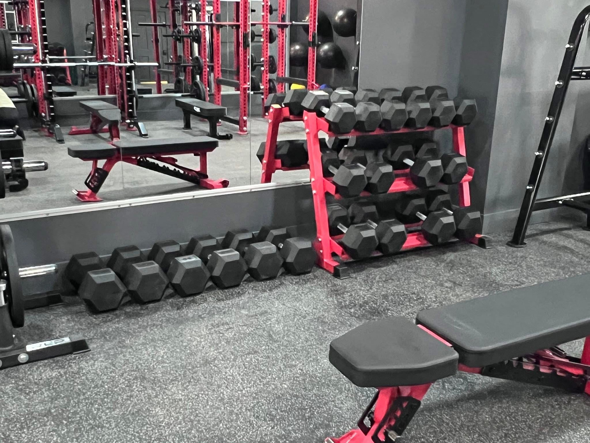 Hex dumbbell racks and benches in front of mirrored wall