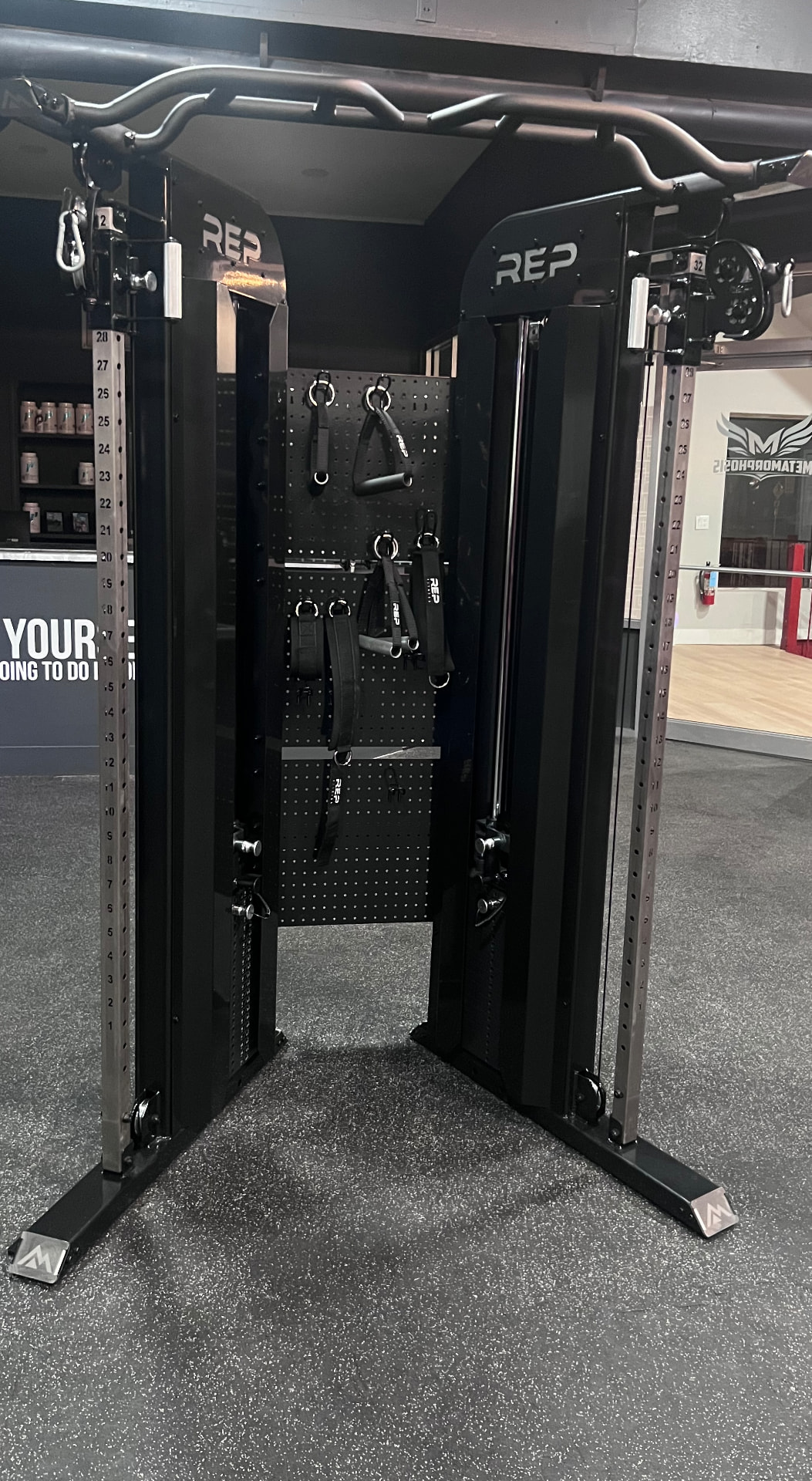 REP functional trainer cable machine with attachment pegboard