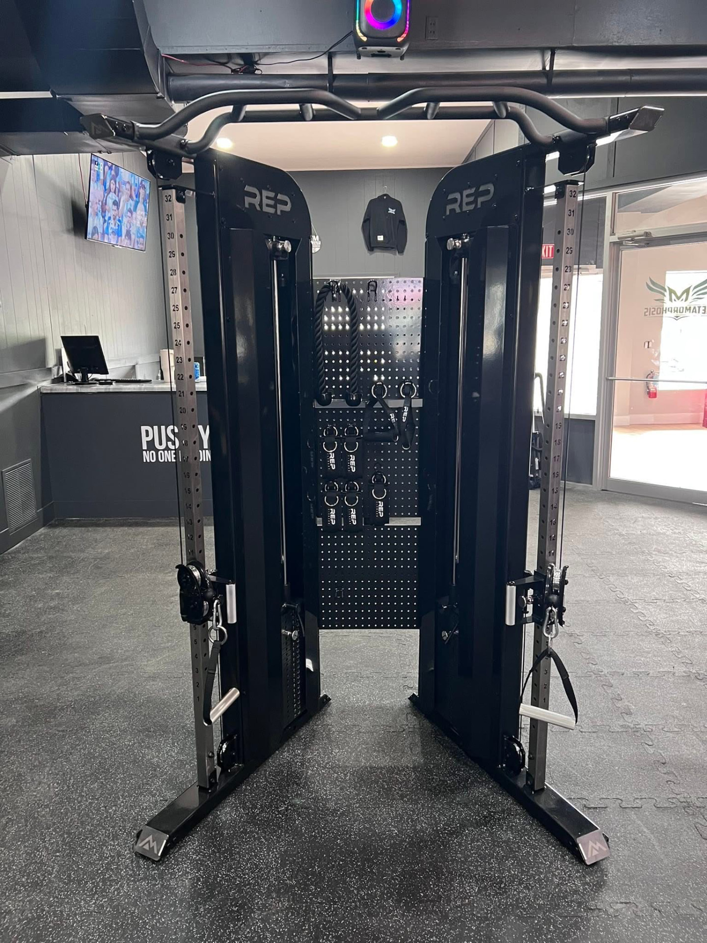 REP functional trainer cable machine with attachment pegboard