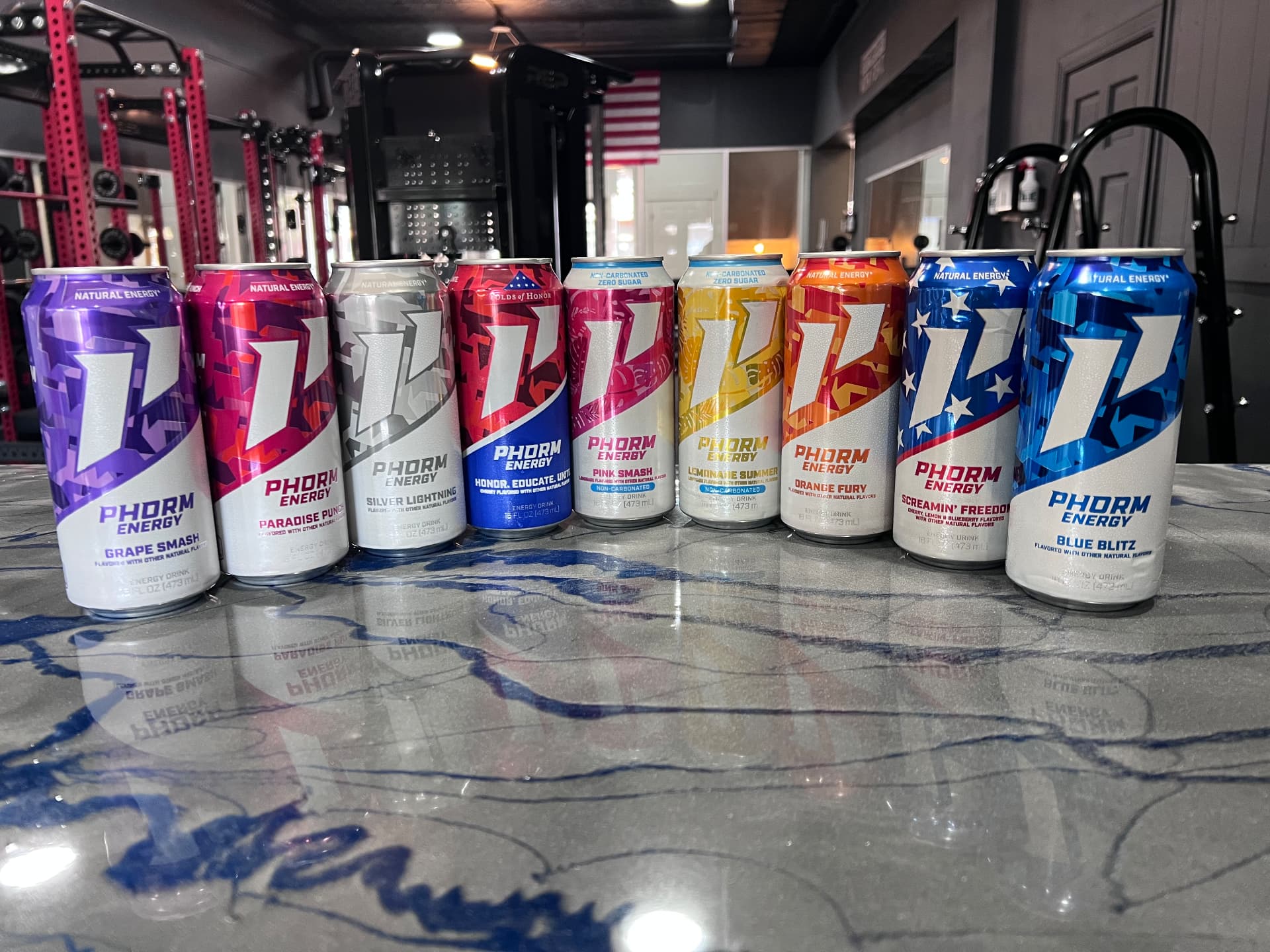 Phorm Energy drink flavors lined up on the front counter