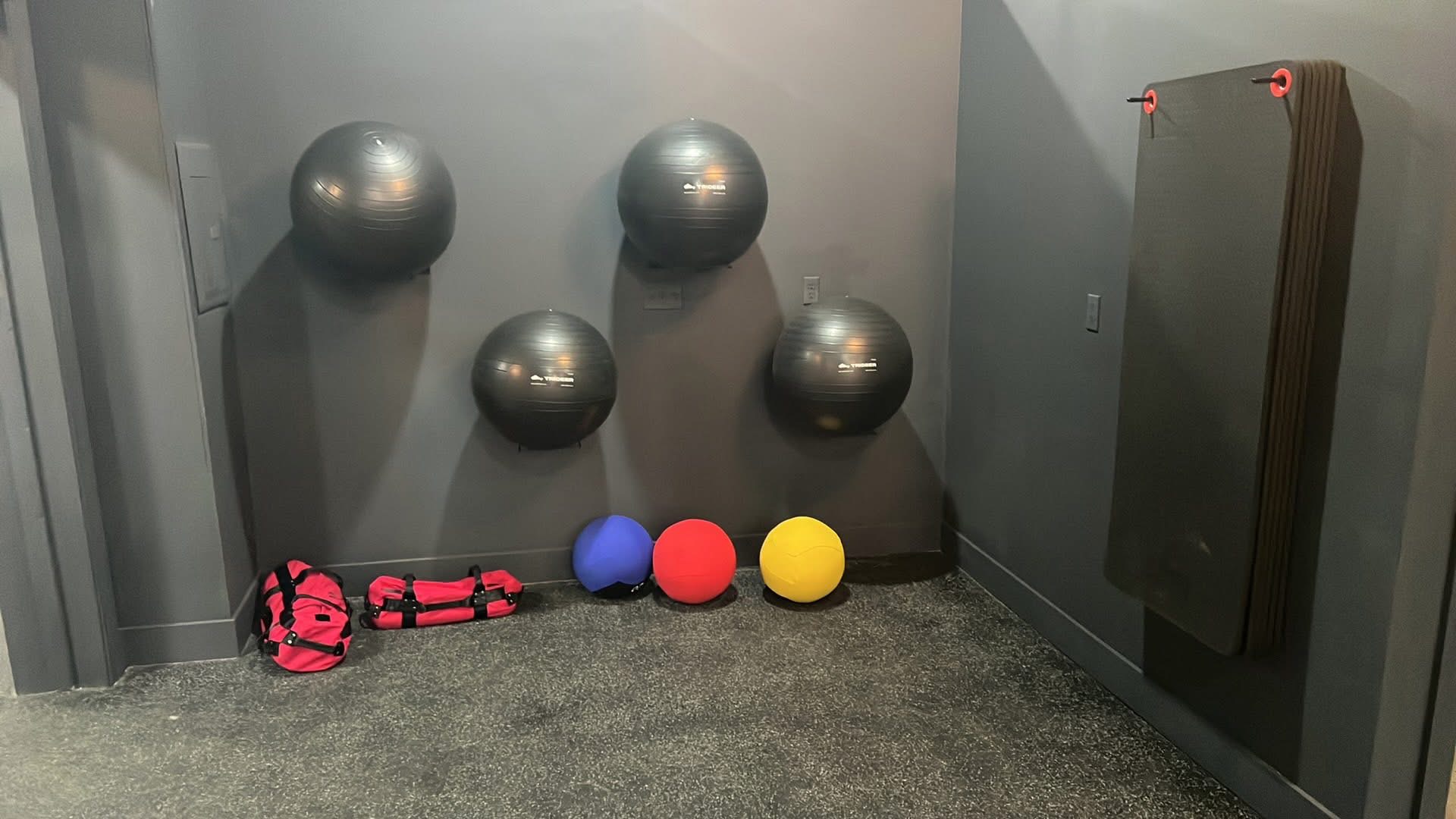 Stability balls, medicine balls, sand bags and mats